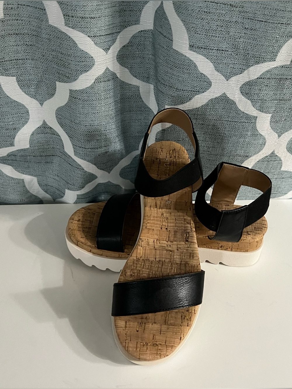 Sun + Stone black strap white low wedge